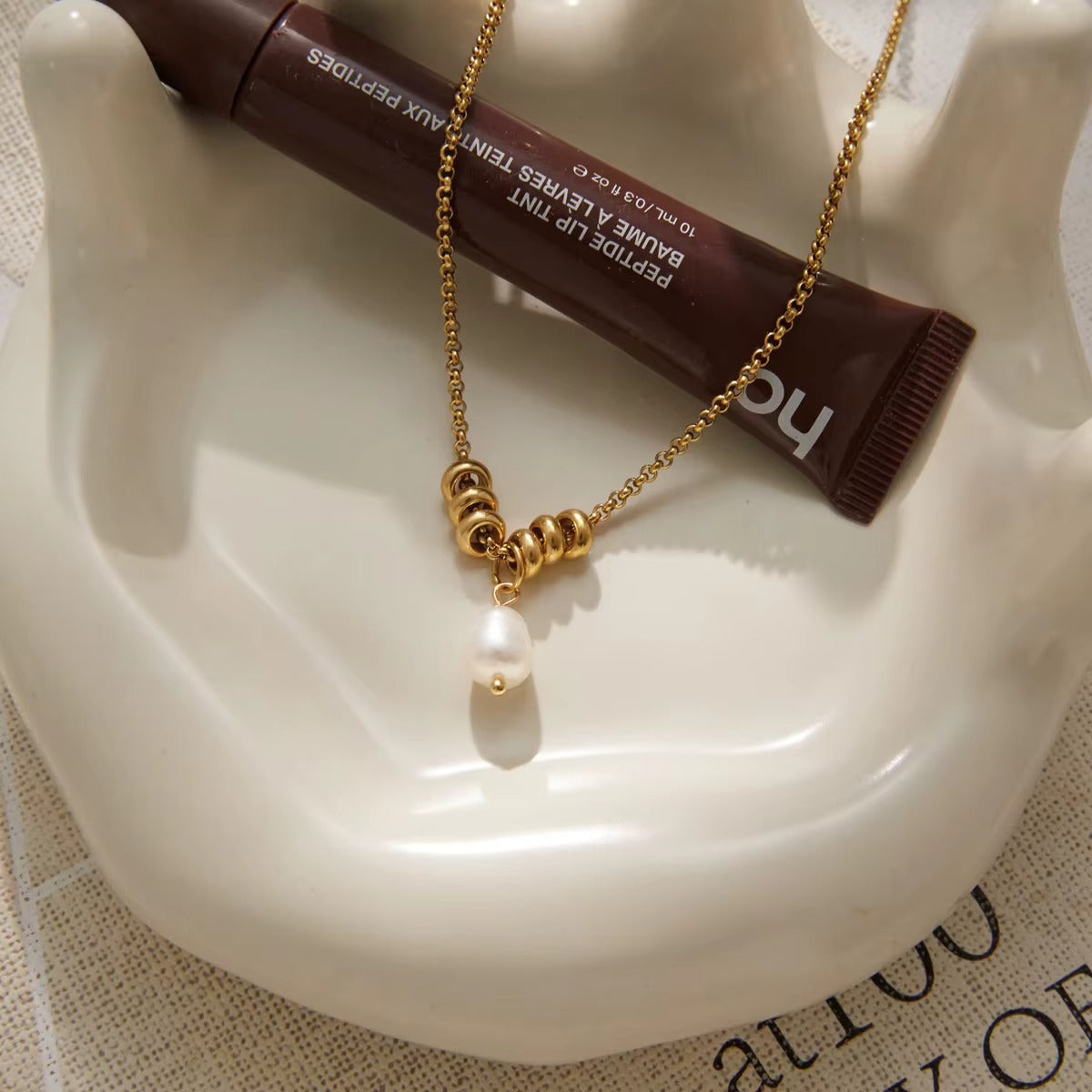 Golden Bead Pearl Drop Necklace